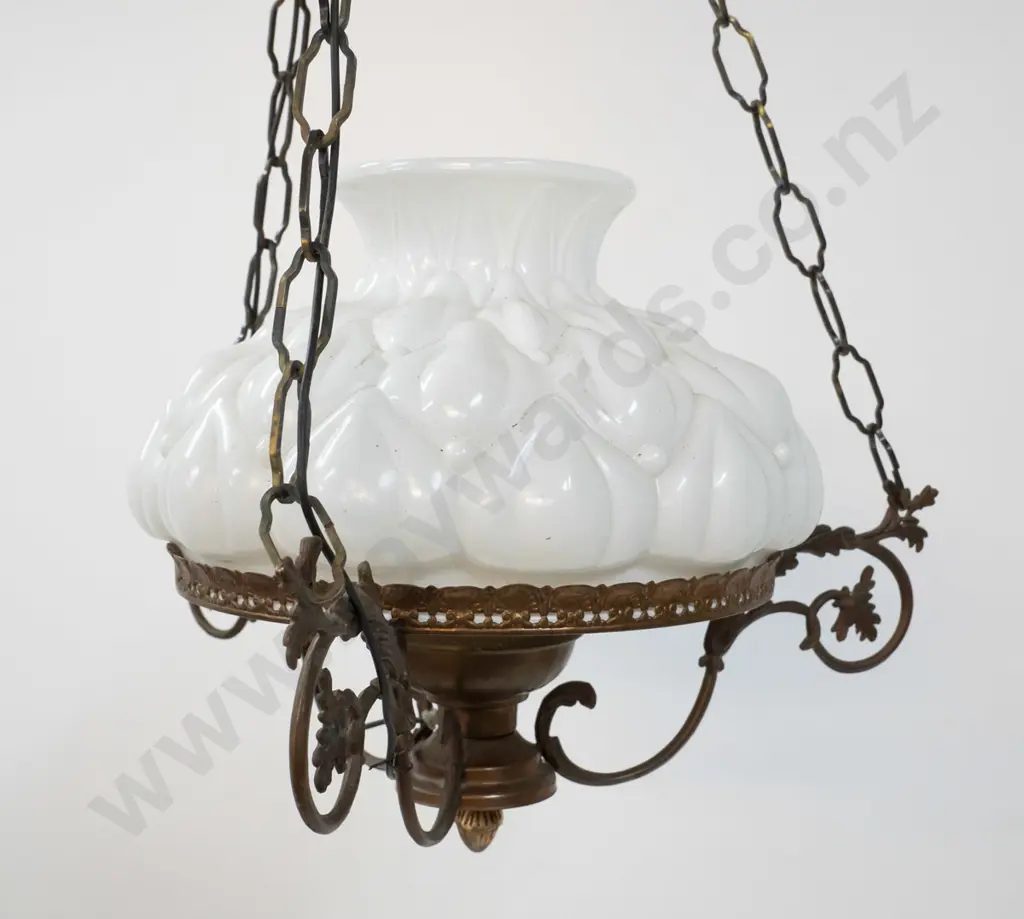 vintage hanging light fitting - cast metal frame, milk glass shade, with chains and journal - shade is D-320 Image 1++