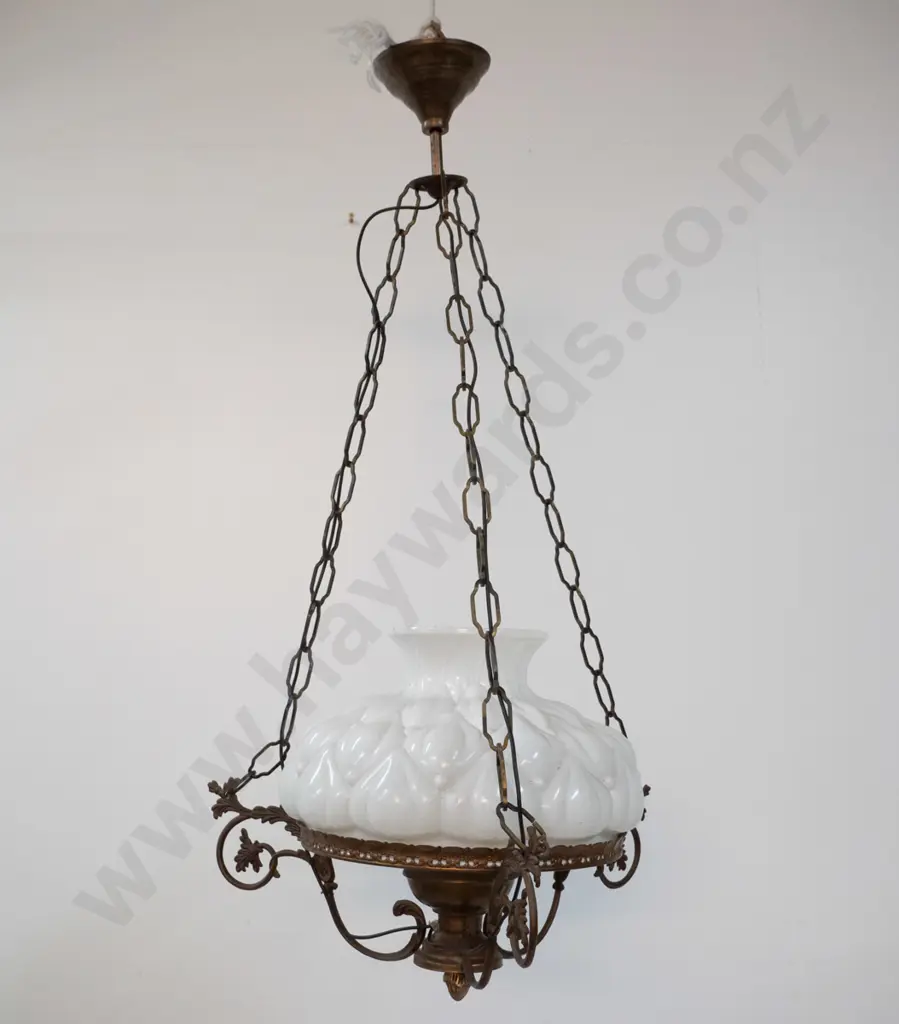 vintage hanging light fitting - cast metal frame, milk glass shade, with chains and journal - shade is D-320 Image 1++