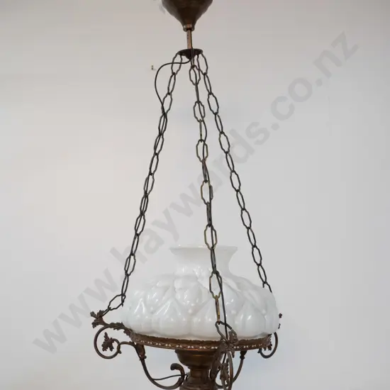 vintage hanging light fitting - cast metal frame, milk glass shade, with chains and journal - shade is D-320