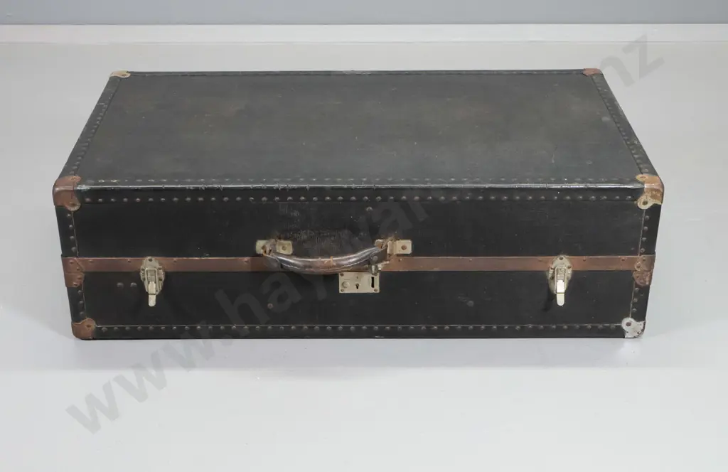 fibre board and timber travel trunk with metal strapping and corners, folding chrome interior fittings H280 L910 D520 Image 1++