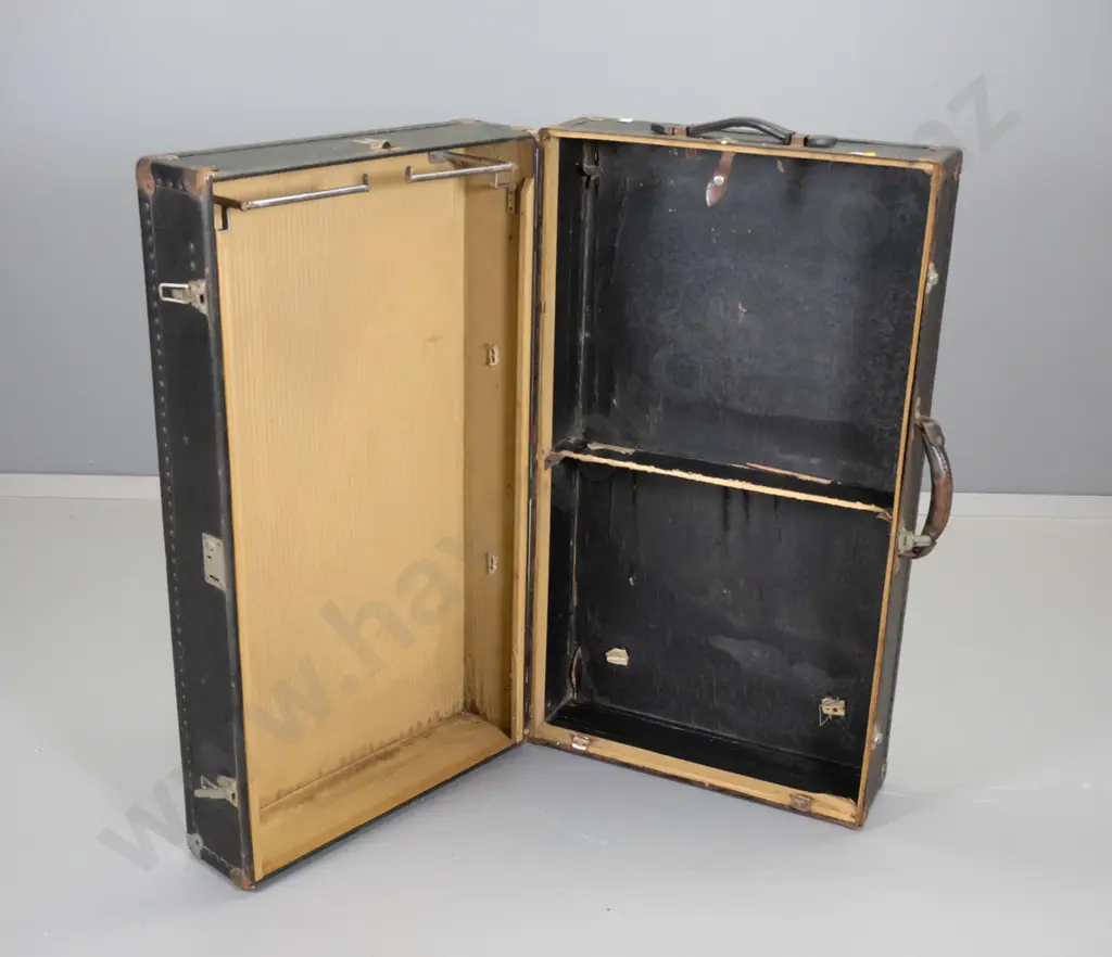 fibre board and timber travel trunk with metal strapping and corners, folding chrome interior fittings H280 L910 D520 Image 1++