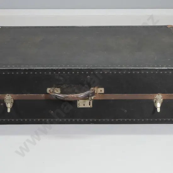 fibre board and timber travel trunk with metal strapping and corners, folding chrome interior fittings H280 L910 D520