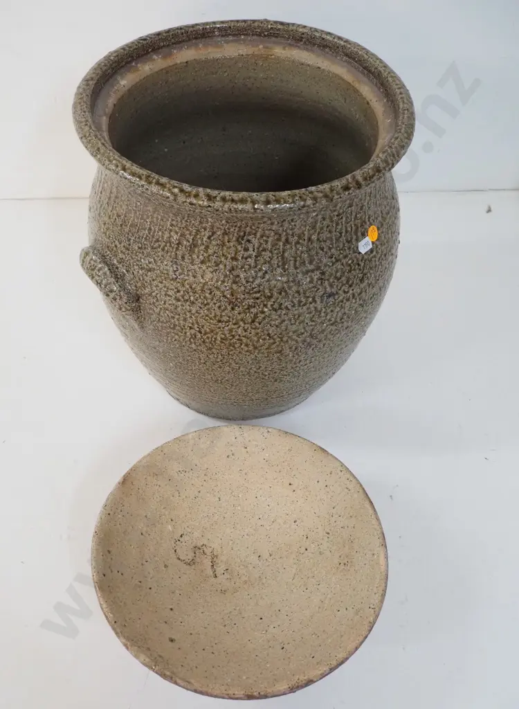 studio pottery large lidded wide mouth crock H-460 D-350 at widest - no maker's mark Image 1++