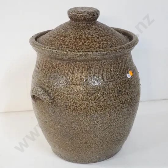 studio pottery large lidded wide mouth crock H-460 D-350 at widest - no maker's mark