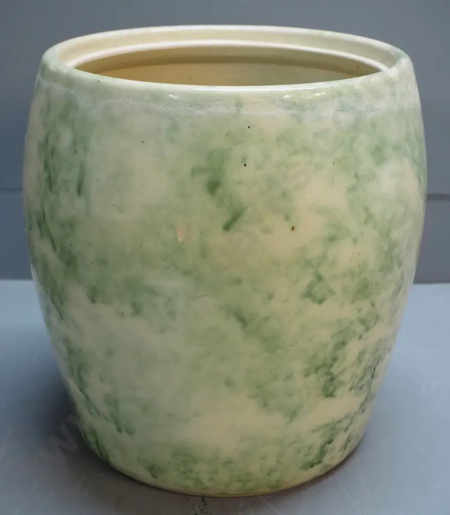large mottled green and cream wide mouth crock - no lid, some staining below rim H-330 D-300 Image 1++