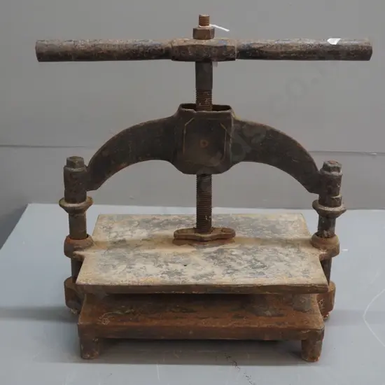 vintage cast iron book press - corrosion and pitting, mechanism stiff but working H420 W360 D230
