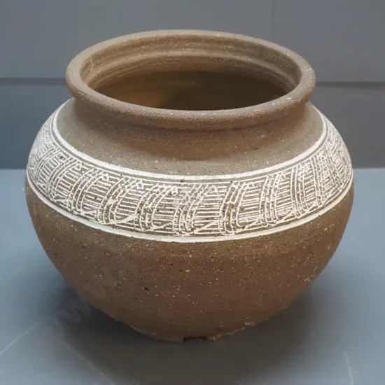 unglazed pottery jardiniere with unknown 'W' mark on base H-240 Diameter 300 at widest