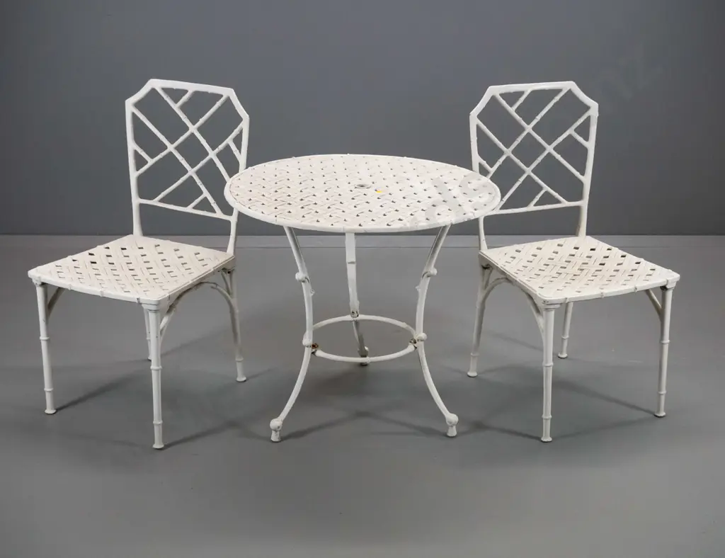 Underwood Engineering cast aluminium outdoor table and chairs - bamboo style, painted white - table is H640 D680 Image 1++