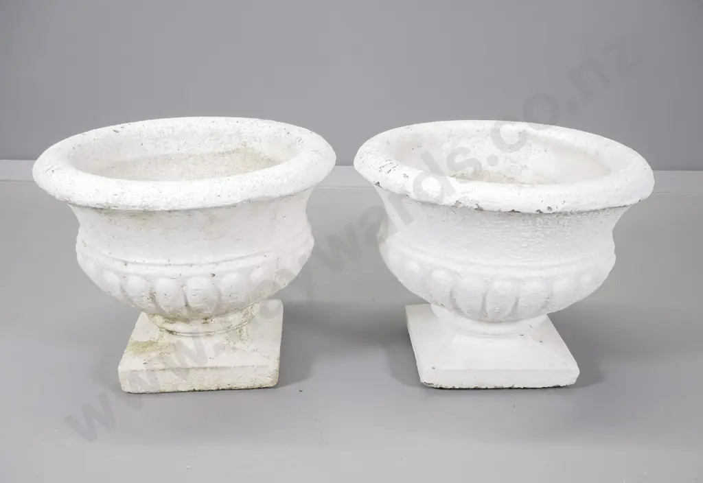 pair of traditional style white painted cast concrete garden urns H300 D360 Image 1++