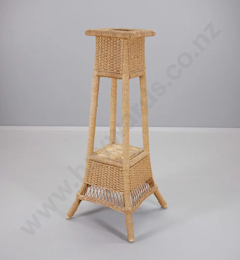 vintage woven seagrass 2-tier plant stand with ply shelves - water marks and cracks to shelves H1120 W470 D470 Image 1++
