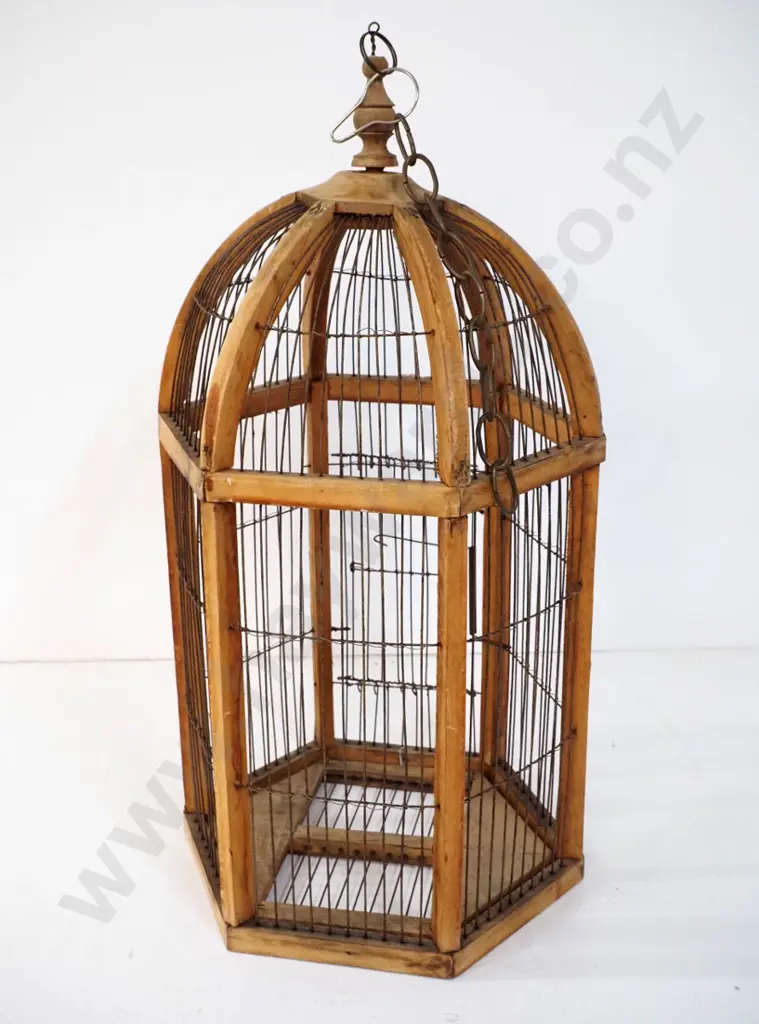 decorative wood and wire bird cage with applied floral trim H-620 W-320 Image 1++