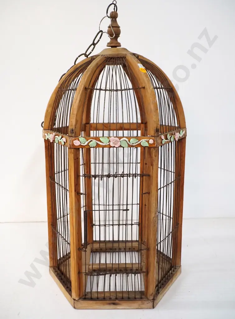 decorative wood and wire bird cage with applied floral trim H-620 W-320 Image 1++