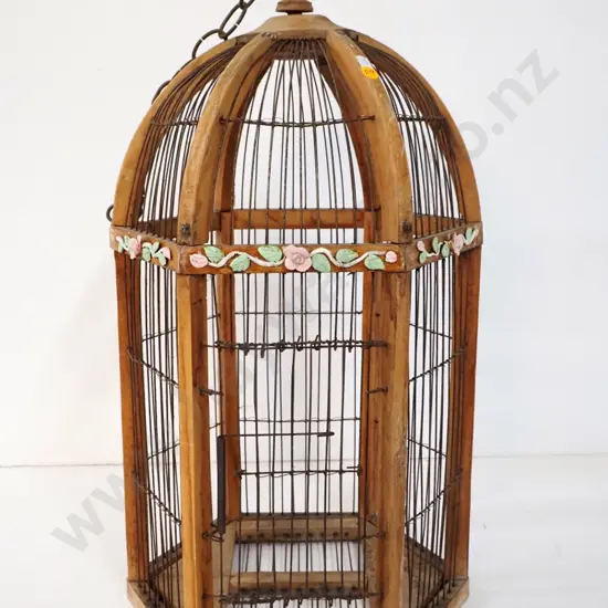 decorative wood and wire bird cage with applied floral trim H-620 W-320