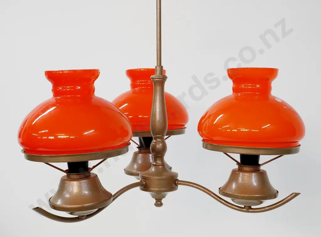 retro 3-light brass ceiling light fitting with orange glass shades, burnished gold finish H-500 D-480 Image 1++