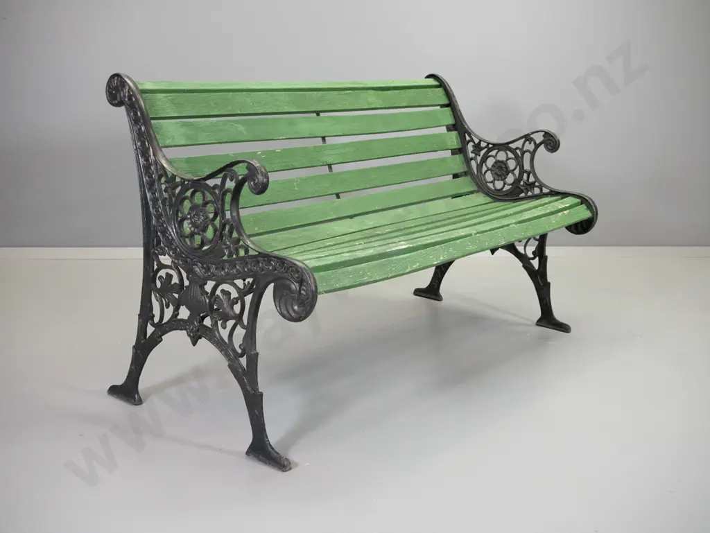 timber slat garden bench seat with cast iron ends H740 W1260 D660 Image 1++