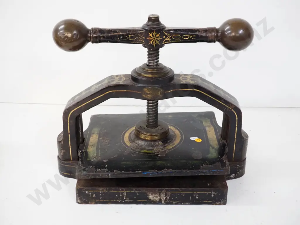 heavy vintage cast metal and brass book press with Fergusson & Mitchell Dunedin Stationers plaque H-400 W-430 D-260 Image 1++