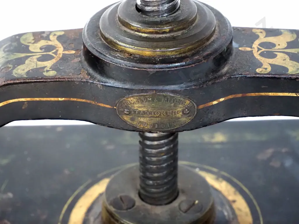 heavy vintage cast metal and brass book press with Fergusson & Mitchell Dunedin Stationers plaque H-400 W-430 D-260 Image 1++