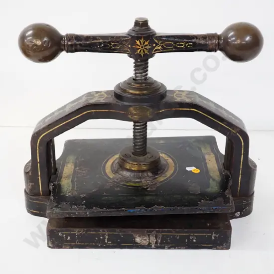 heavy vintage cast metal and brass book press with Fergusson & Mitchell Dunedin Stationers plaque H-400 W-430 D-260
