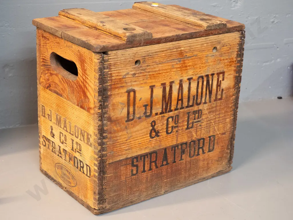wooden syphon bottle crate with hinged lid - marked DJ Malone Stratford and British Syphon Co H340 W360 D240 Image 1++