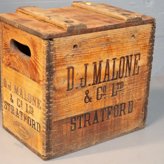 wooden syphon bottle crate with hinged lid - marked DJ Malone Stratford and British Syphon Co H340 W360 D240