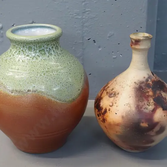 Margaret Fryer pit-fired New Zealand studio pottery vase and a German pottery vase H-200