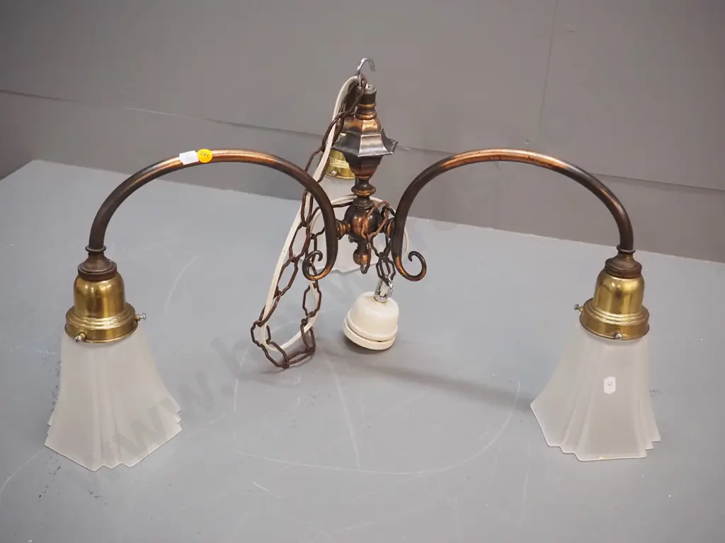 deco 3-light copper & brass ceiling light fitting with 3 frosted glass shades - H340 W-600 Image 1++