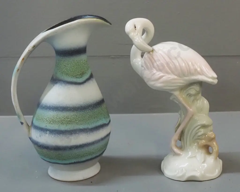 German pottery jug vase and a Royal Dux flamingo figure - both approx H-190 Image 1++