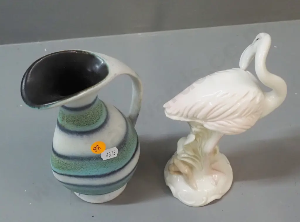 German pottery jug vase and a Royal Dux flamingo figure - both approx H-190 Image 1++