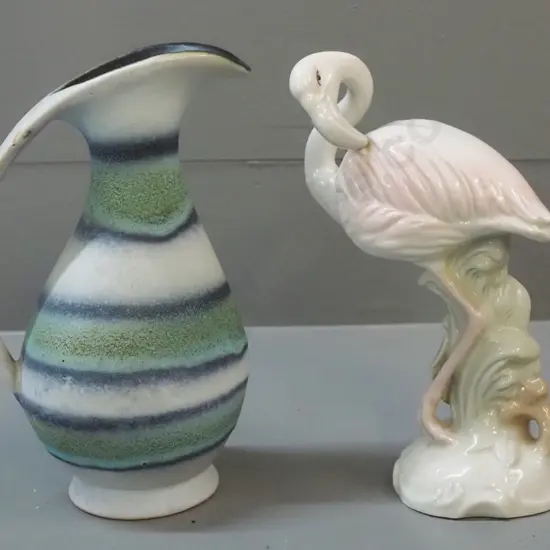 German pottery jug vase and a Royal Dux flamingo figure - both approx H-190