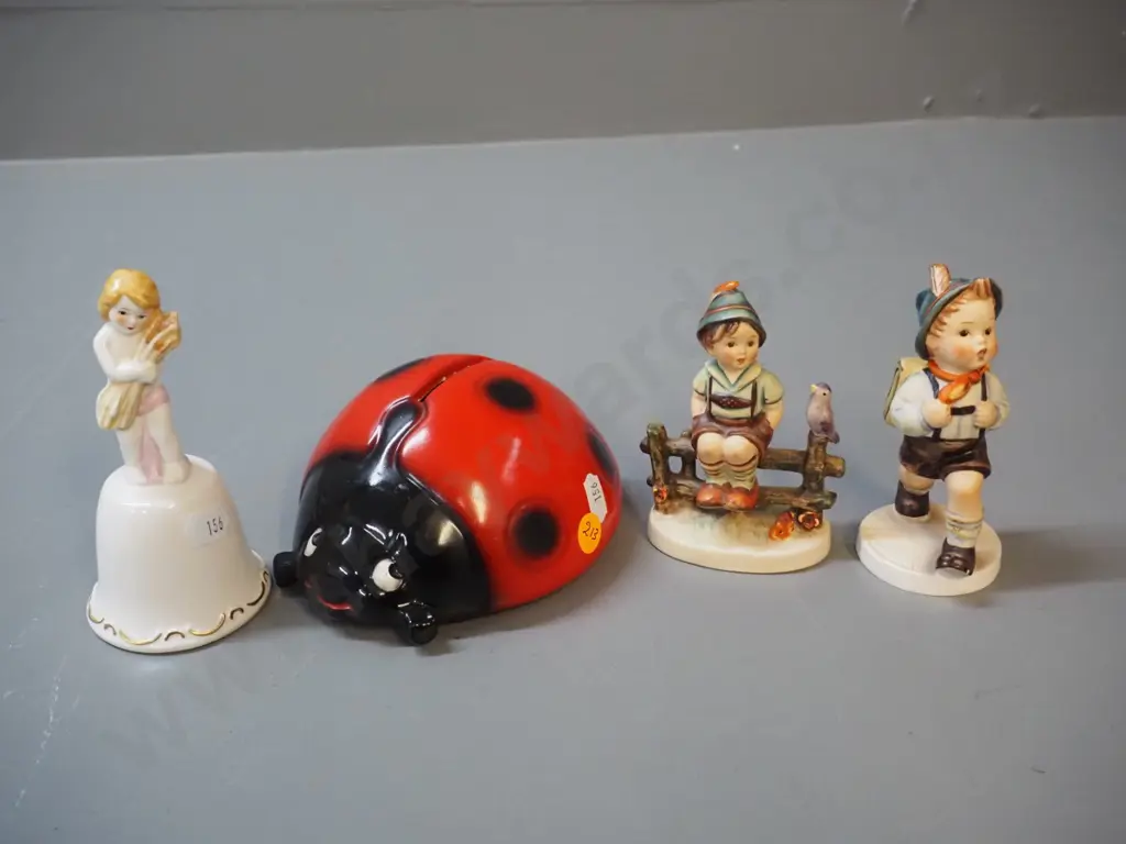small Goebbels items - 2 Hummel figurines, a bell and a ladybird money bank with no stopper Image 1++
