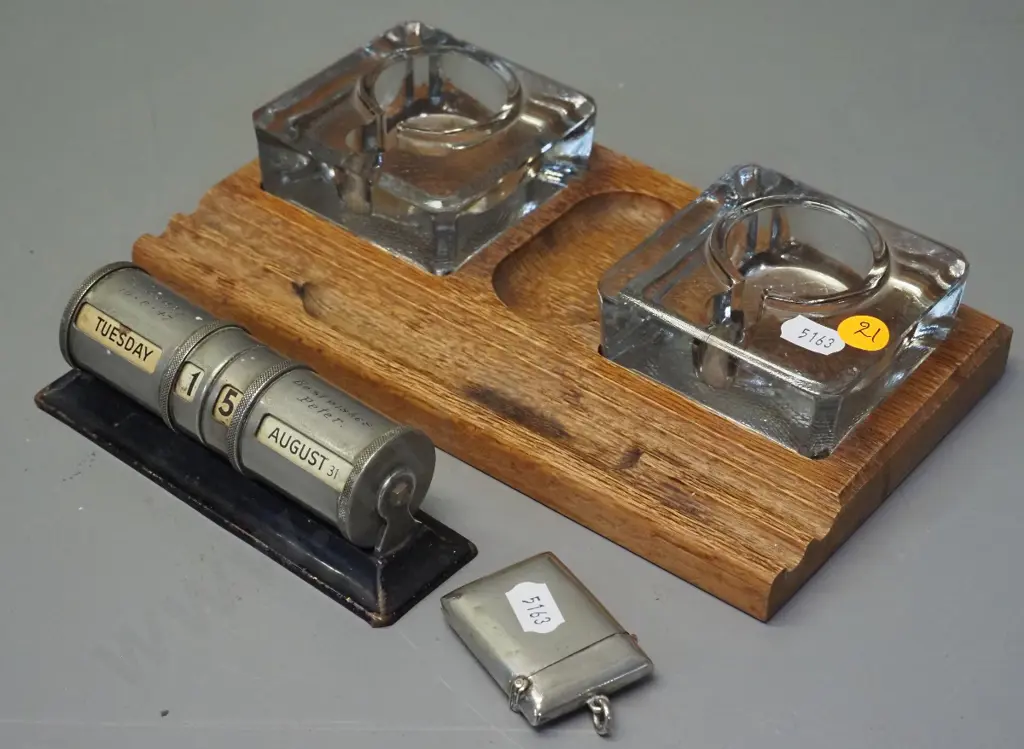 oak desktop inkwell set w/2 glass inkwells, desk calendar w/gift engraving 1947 & a plated vesta case and Image 1++