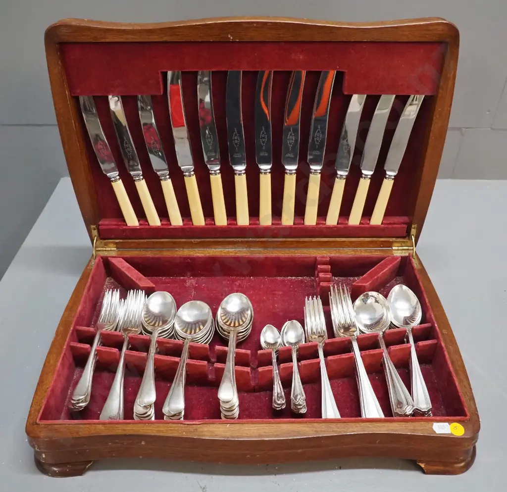 plated cutlery in oak canteen - 2 different patterns, some yellowing to bone-handled knives Image 1++