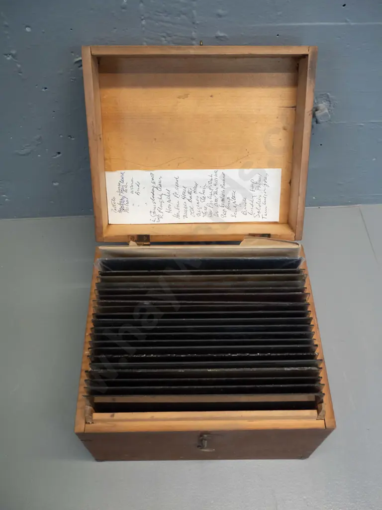 21 glass plate negatives in wooden case, full plate 160 x 215. Early Dunedin views, fire station, group photos etc. Image 1++
