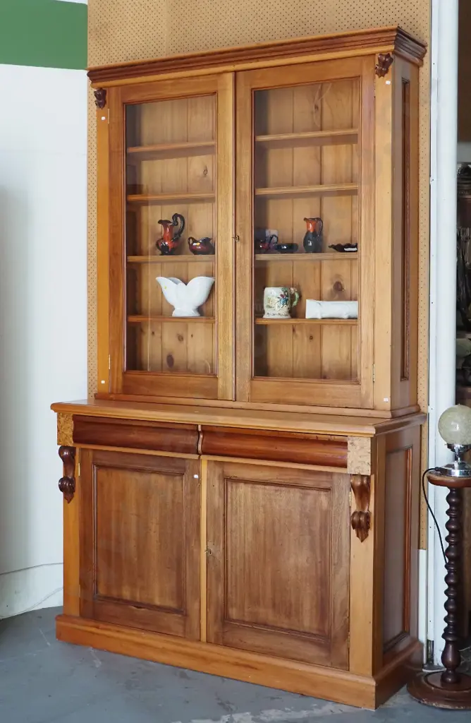 vintage kauri 2 door 2 drawer sideboard w/glazed bookcase top, carved corbels, some scratches H2420 W1450 D510 Image 1++