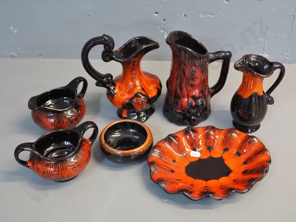 assorted orange and black pottery - jugs, vases, etc - tallest is H-170, plate is marked Evangeline Pottery Quebec Image 1++