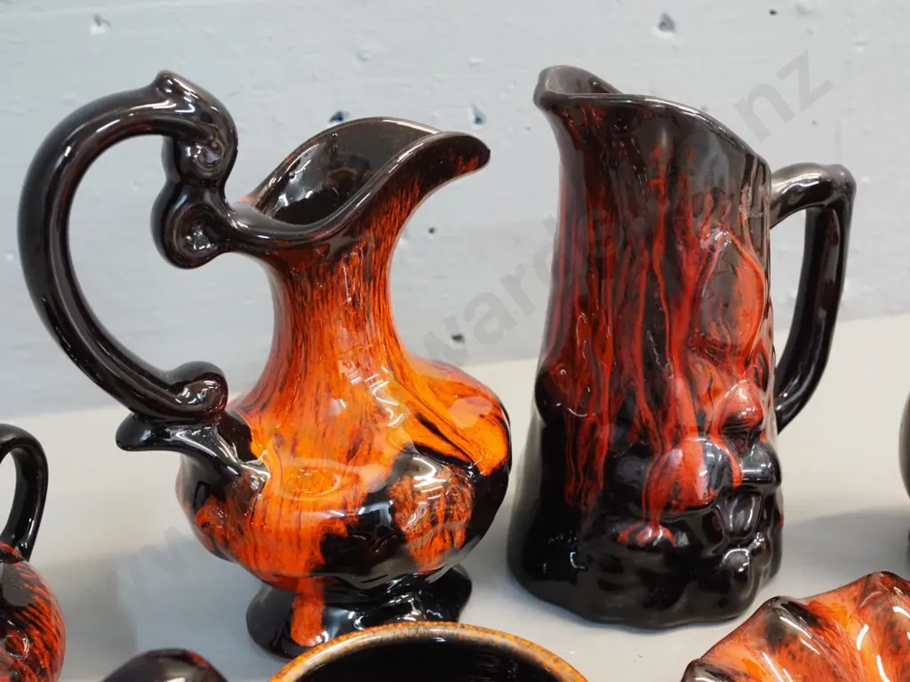 assorted orange and black pottery - jugs, vases, etc - tallest is H-170, plate is marked Evangeline Pottery Quebec Image 1++