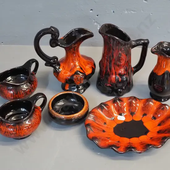 assorted orange and black pottery - jugs, vases, etc - tallest is H-170, plate is marked Evangeline Pottery Quebec