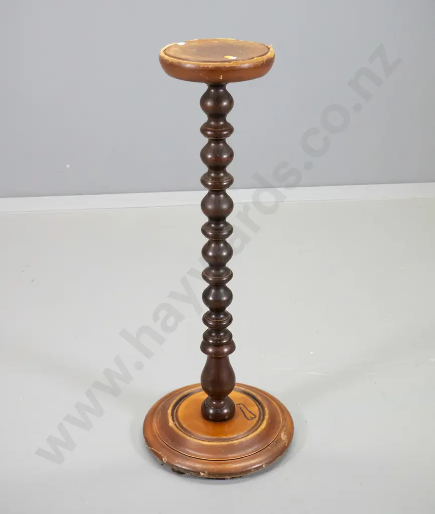 vintage mixed timber indoor plant stand with cotton reel turned column - polish wear H-820 D-320 at base Image 1++