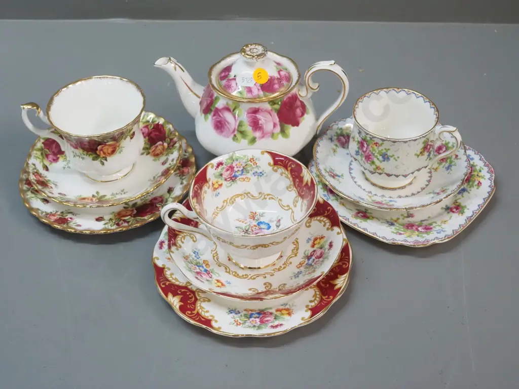 Royal Albert teaware - 3 trios and a small Old English Rose teapot Image 1++