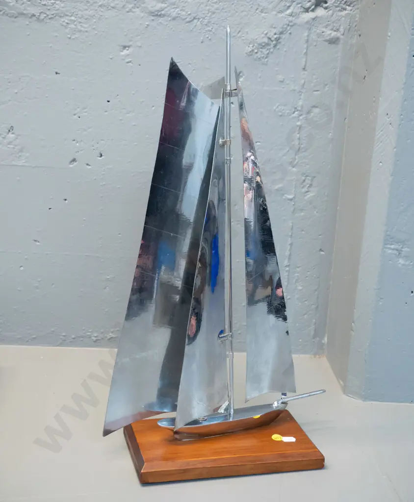 chrome yacht on mahogany base H-530 W-310 D-125 Image 1++