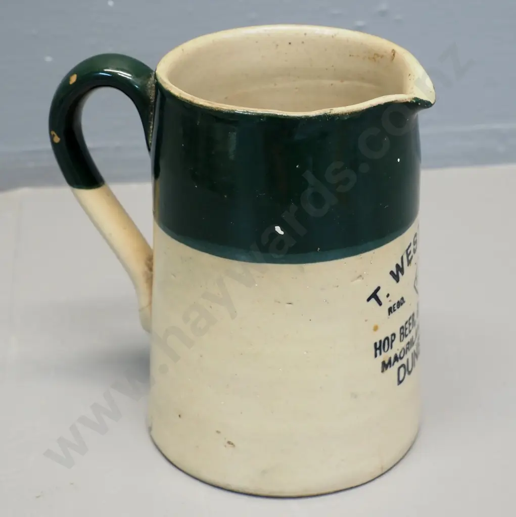 vintage T. West & Co Dunedin 'Hop Beer, Ginger Beer, Maoriland Cider' stoneware jug - crack to handle, some glaze faults Image 1++