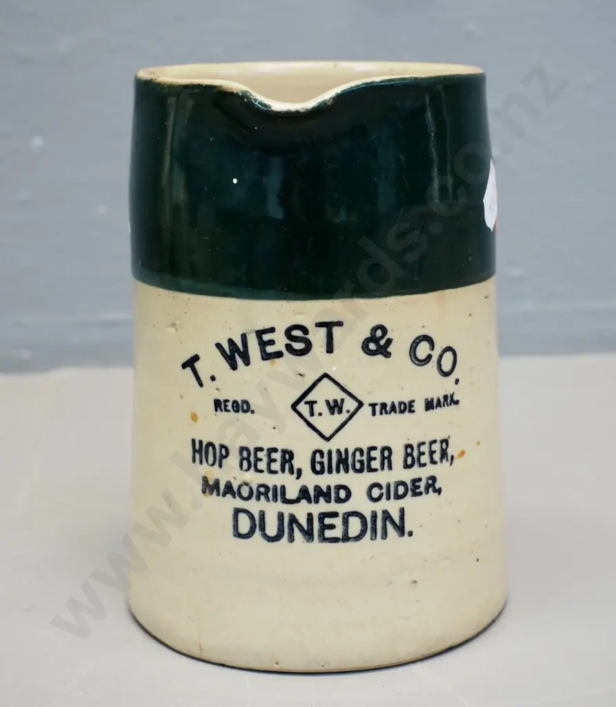 vintage T. West & Co Dunedin 'Hop Beer, Ginger Beer, Maoriland Cider' stoneware jug - crack to handle, some glaze faults Image 1++