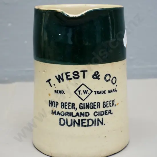 vintage T. West & Co Dunedin 'Hop Beer, Ginger Beer, Maoriland Cider' stoneware jug - crack to handle, some glaze faults
