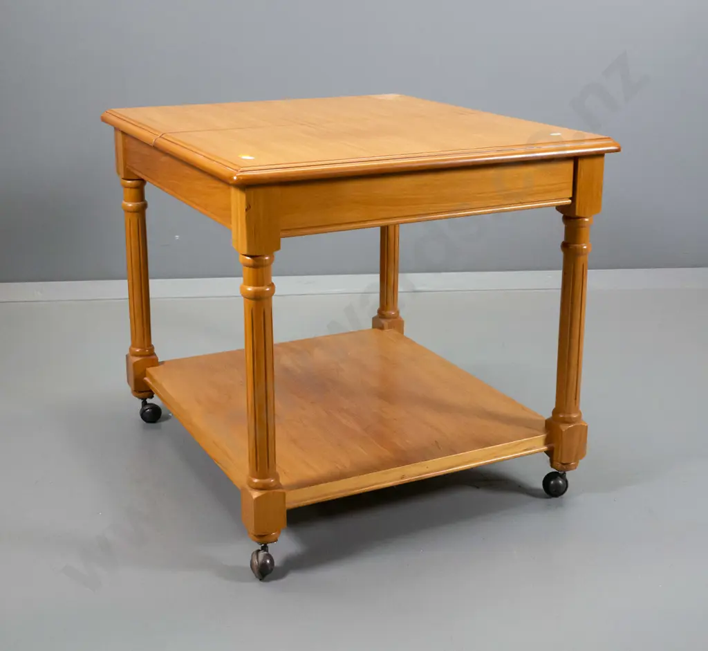 rimu table with fold-out swivel leaf on metal frame, on casters with lower shelf H-550 H-700 up W-640 L-570 Image 1++