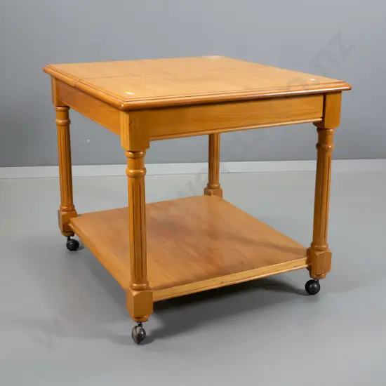 rimu table with fold-out swivel leaf on metal frame, on casters with lower shelf H-550 H-700 up W-640 L-570