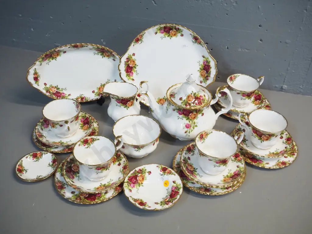 Royal Albert Old Country Roses tea set w/sweet dishes, sandwich plate - missing 1 cup, obvious mend to teapot lid Image 1++