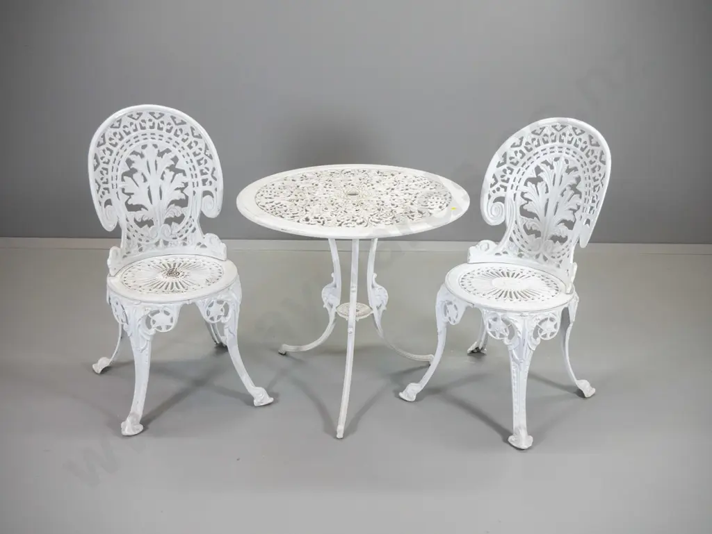 Victorian style white painted cast aluminium round outdoor table and 2 chairs H640 D-680 Image 1++