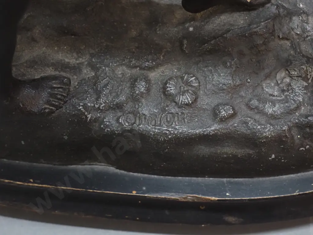 pair of cast metal rearing horse figures on painted wooden bases - damage to leg of one, unknown signature H-440 L-350 Image 1++