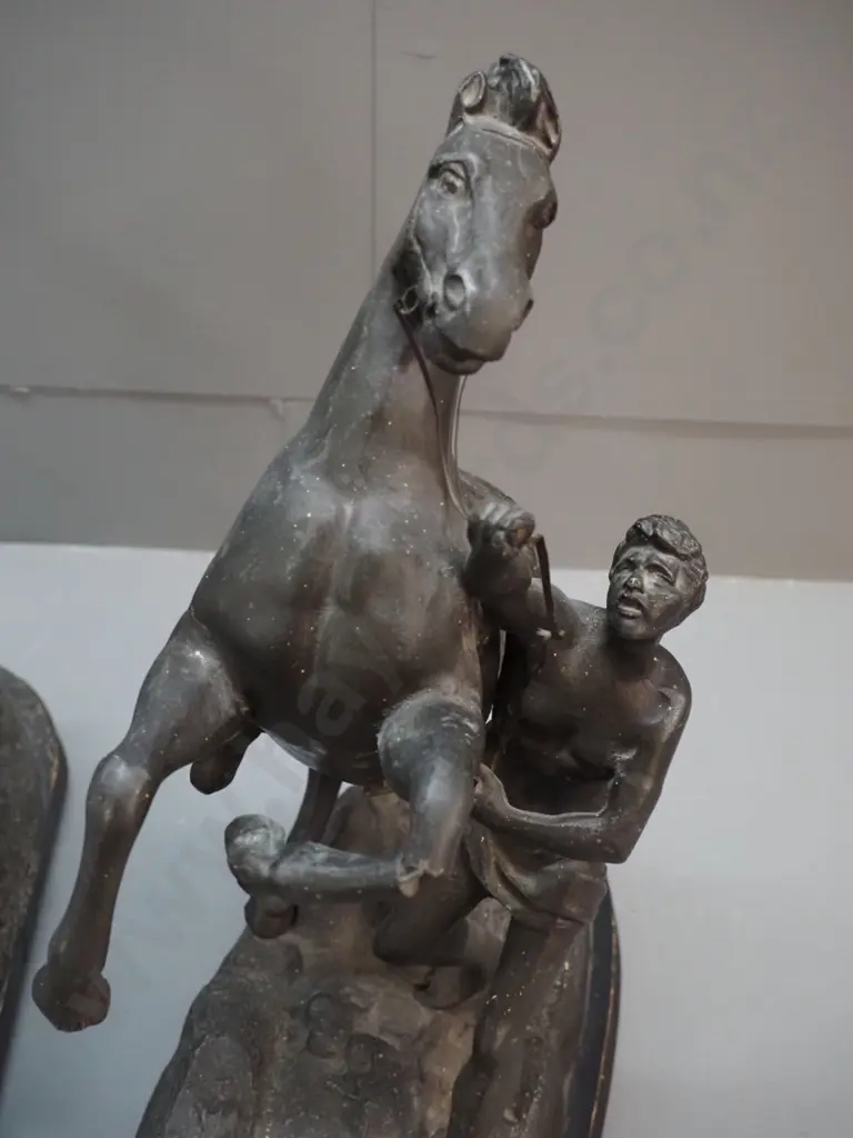 pair of cast metal rearing horse figures on painted wooden bases - damage to leg of one, unknown signature H-440 L-350 Image 1++