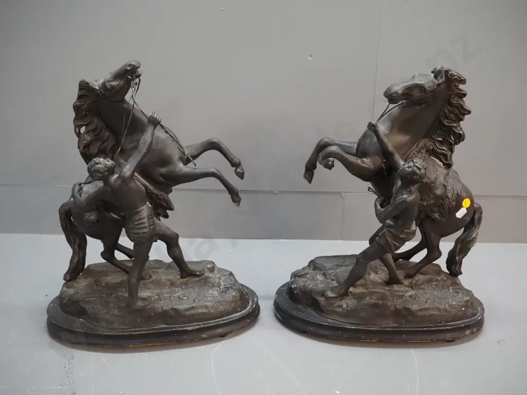 pair of cast metal rearing horse figures on painted wooden bases - damage to leg of one, unknown signature H-440 L-350 Image 1++